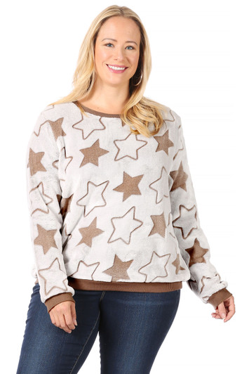 Wholesale Brown and White Fur-Textured Sweatshirt with Large Star Design (Front) Wholesale Brown and White Fur-Textured Sweatshirt with Large Star Design (Front)